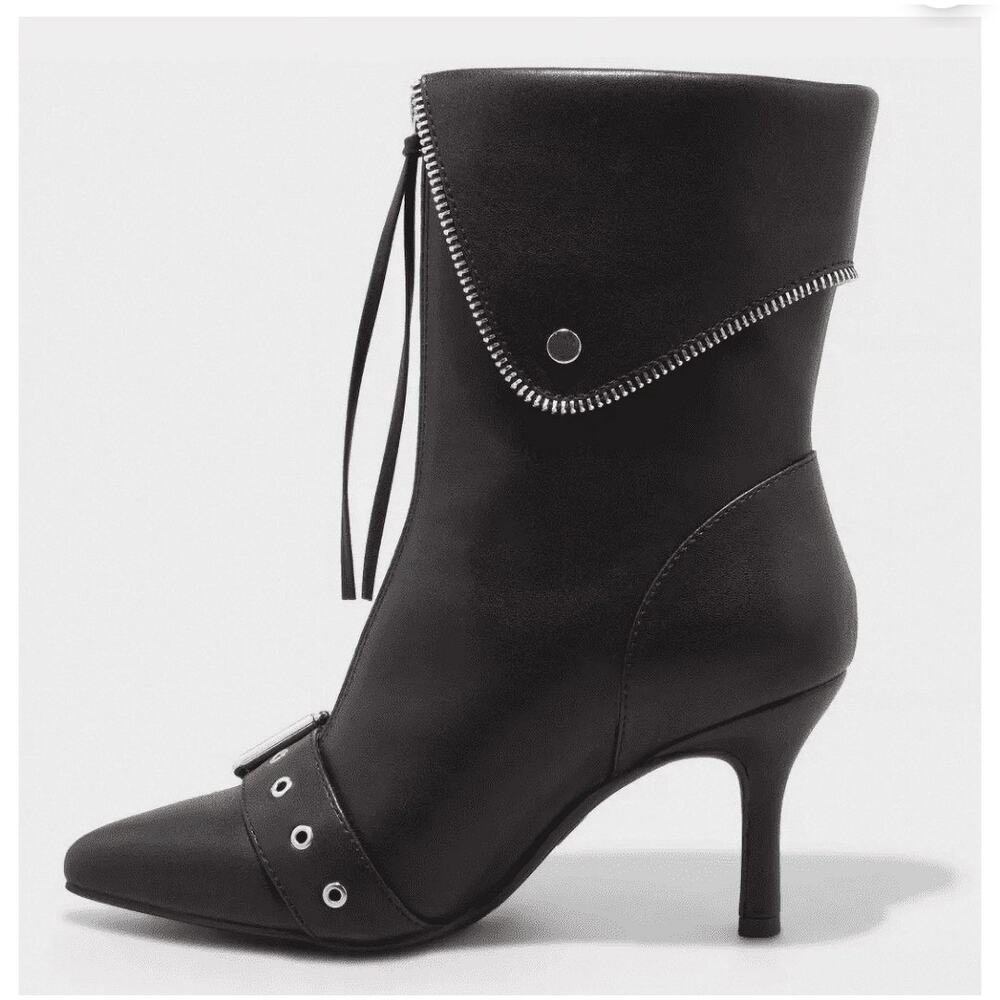 Mickey Point Toe Fold-Over Moto Ankle Boot Black Silver Stiletto Sz 7, 7.5, 8‎ - Picture 2 of 7